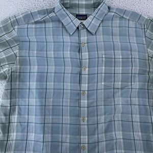 Patagonia Shirt Mens XL Blue Green Plaid‎ Organic Cotton Short Sleeve Button Up